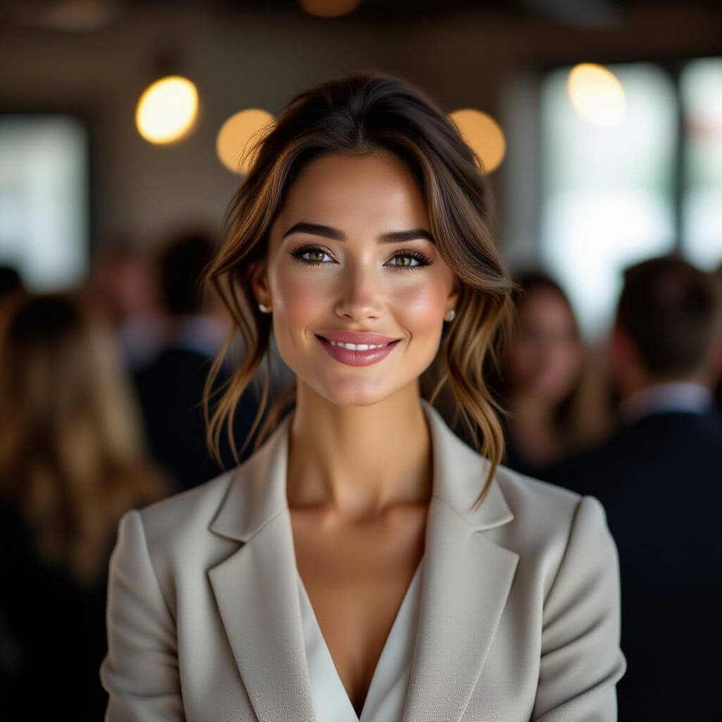 A warm, approachable female host, dressed in a tasteful, well-cut smart-casual ensemble, smiles gently at a public gathering. Her expressive eyes convey openness. Gentle studio lighting creates soft shadows, with a softly blurred crowd in the background.